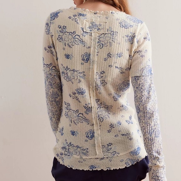 Free People Floral Long Sleeve Top in Cream and Blue - Picture 3 of 6